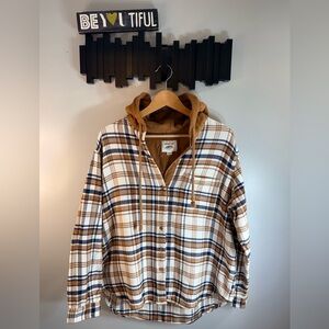 American Eagle Outfitters Cream Brown Navy Plaid Hooded Button-Down Shirt